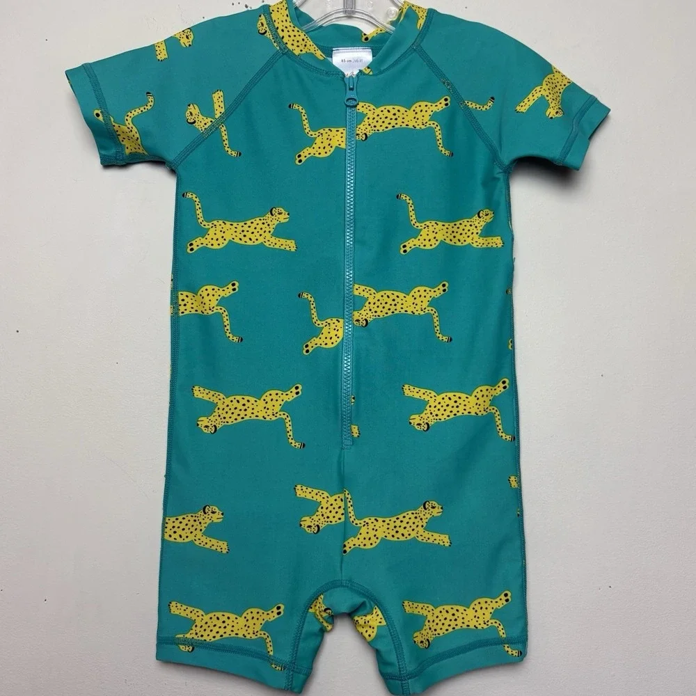 Hanna Andersson Rash Guard Swim Bathing Suit Zip Up Teal Cheetah Print